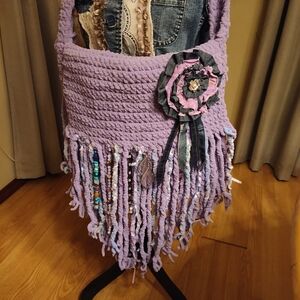 Handmade crocheted fringe crossbody boho purse.